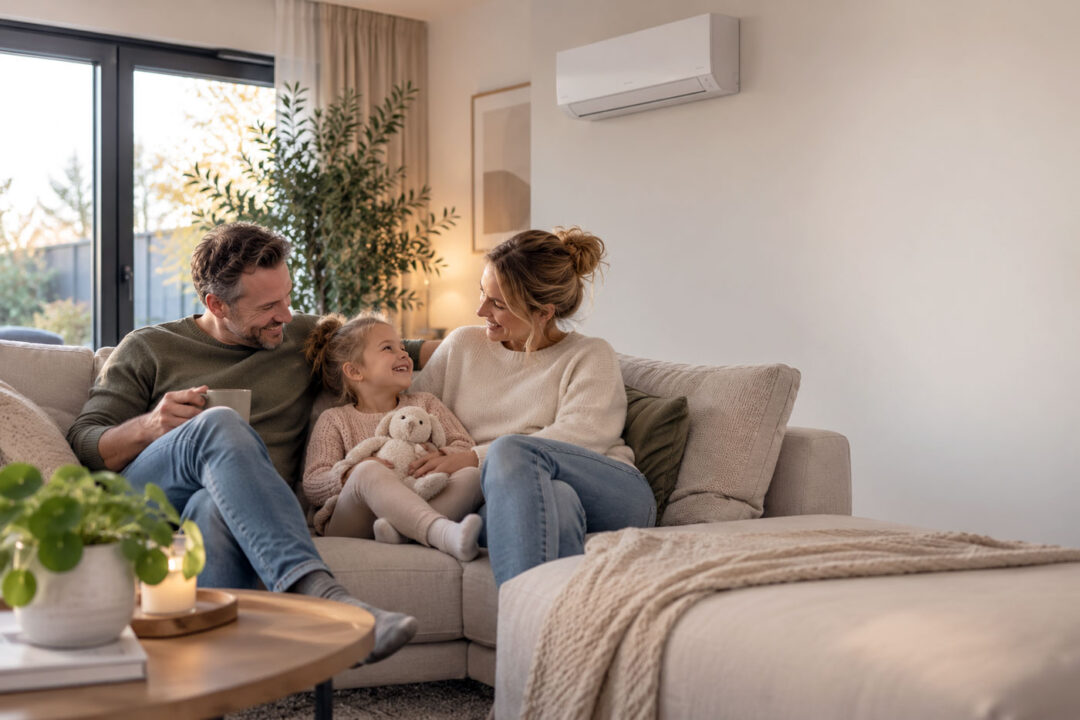 Ouders zitten met hun dochter op de bank in een woonkamer met airconditioning.