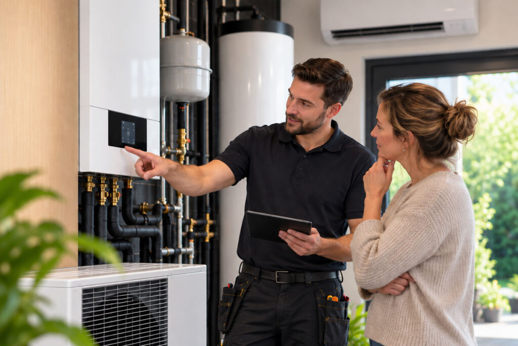 Duurzaam verwarmen – Kammtech Installaties Installateur legt een bewoner de bediening van een verwarmingsinstallatie uit in een showroom
