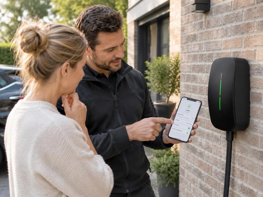 Laadpaal – app uitleggen Installateur laat een bewoner informatie op een smartphone zien.