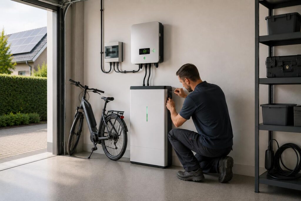Thuisbatterij – installatie Installateur werkt aan een thuisbatterij onder een omvormer in de garage.