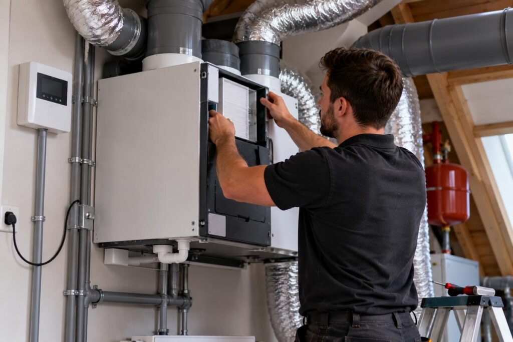 Ventilatie – installatie en onderhoud Installateur werkt aan een ventilatie-unit met aangesloten luchtkanalen.