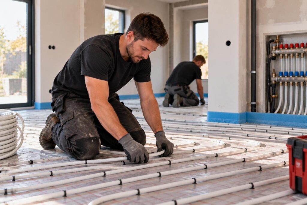 Vloerverwarming – aanleg Installateur legt leidingen voor vloerverwarming aan.