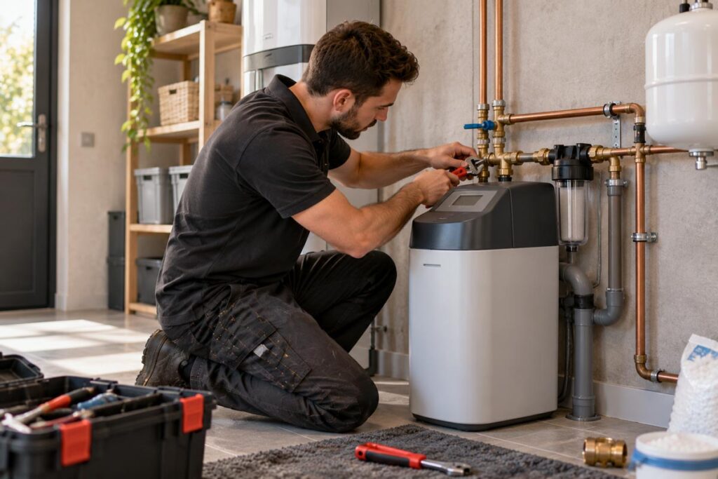 Waterontharder – installatie Installateur sluit een waterontharder aan op de waterleiding.