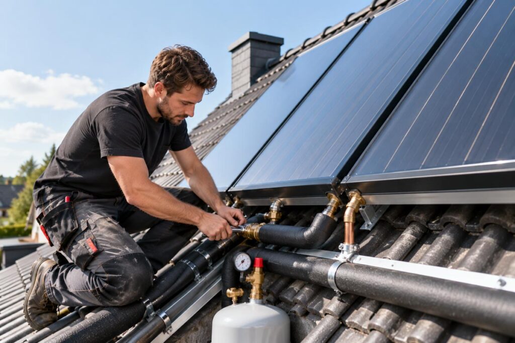 Zonnecollector – installatie op het dak Installateur werkt aan een zonnecollector op een schuin dak.