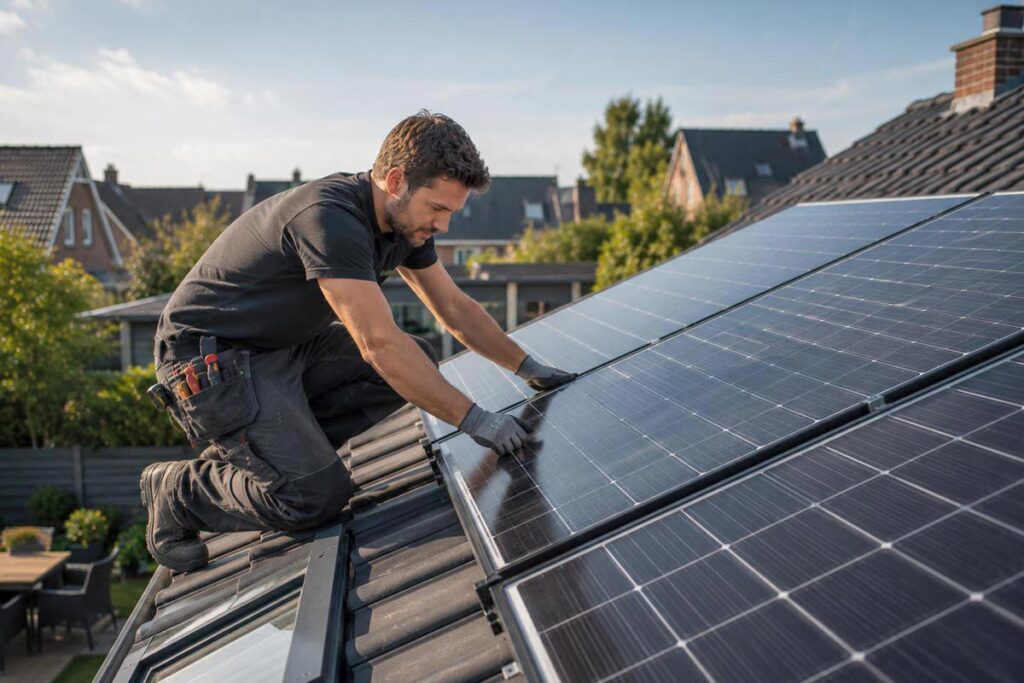 Zonnepanelen – montage op het dak Installateur monteert zonnepanelen op een schuin dak.